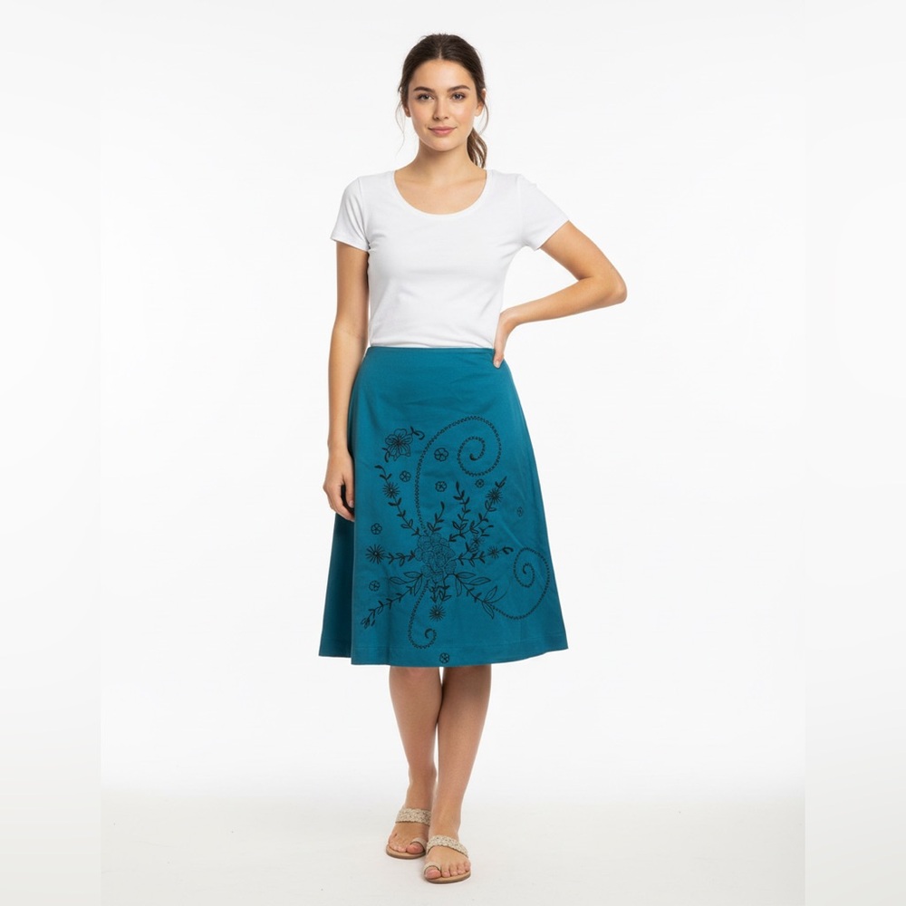Alanni teal black full skirt size 10 floral embroidery side zip cotton spandex